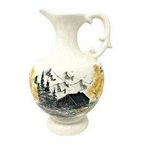 Vintage Alaska Ceramics Elite Pitcher Handpainted Cabin Scene Artist Signed